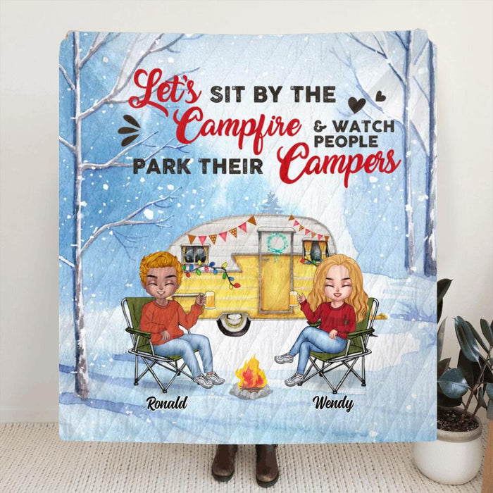 Personalized Christmas Winter Camping Pillow Cover/Fleece/Quilt Blanket - Christmas Gift For Camping Lover - Up to 4 People And 4 Pets - Making Memories One Campsite At A Time