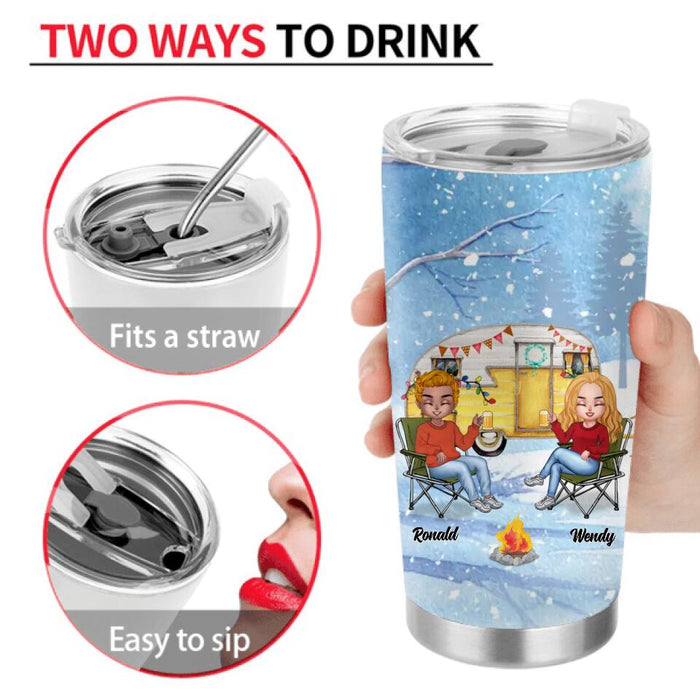 Personalized Christmas Winter Camping Tumbler - Christmas Gift For Camping Lover - Couple With Up to 4 Pets - Let's Sit By The Campfire And Watch People Park Their Campers
