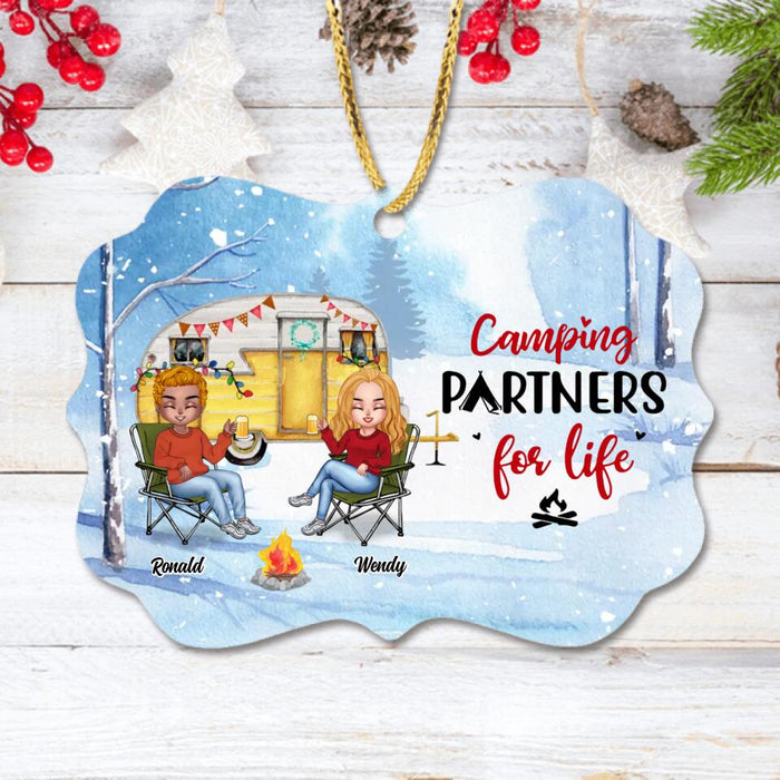 Personalized Christmas Winter Camping Rectangle Wooden/Acrylic Ornament - Christmas Gift For Camping Lover - Couple With Up to 4 Pets - Camping Partners For Life