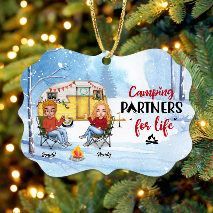 Personalized Christmas Winter Camping Rectangle Wooden/Acrylic Ornament - Christmas Gift For Camping Lover - Couple With Up to 4 Pets - Camping Partners For Life