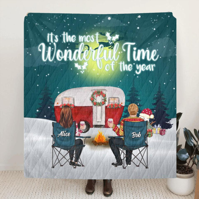 Personalized Xmas Camping Quilt/Fleece Blanket/Pillow Cover - Adult/Couple/Parents with Up to 3 Pets - Christmas Gift Idea For Couple/Camping Lovers - Making Memories One Campsite At A Time