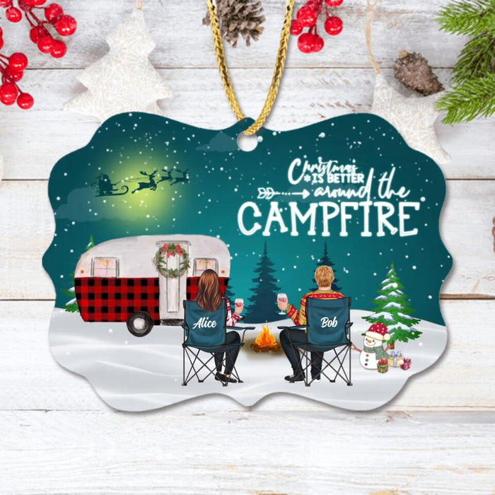 Personalized Xmas Camping Wooden Ornament - Adult/Couple/Single Parent/Parents with Up to 2 Kids And 3 Pets - Christmas Gift Idea For Couple/Camping/Dog/Cat Lovers - Camping Partners For Life