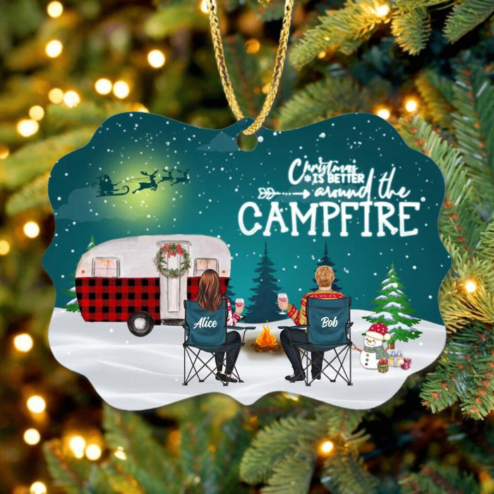 Personalized Xmas Camping Wooden Ornament - Adult/Couple/Single Parent/Parents with Up to 2 Kids And 3 Pets - Christmas Gift Idea For Couple/Camping/Dog/Cat Lovers - Camping Partners For Life