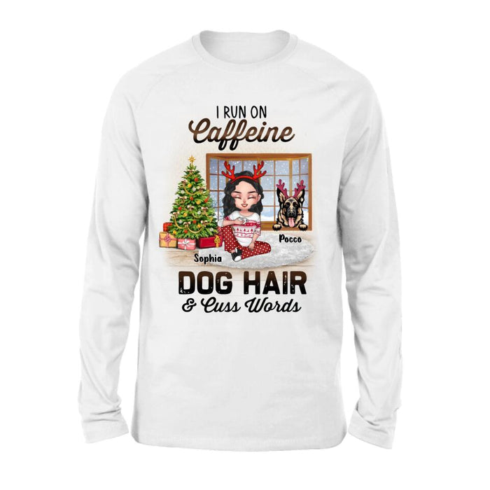 Personalized Pet Mom Shirt - Up to 3 Dogs/Cats - Christmas Gift Idea For Dog/Cat Lovers - I Run On Caffeine Dog Hair & Cuss Words