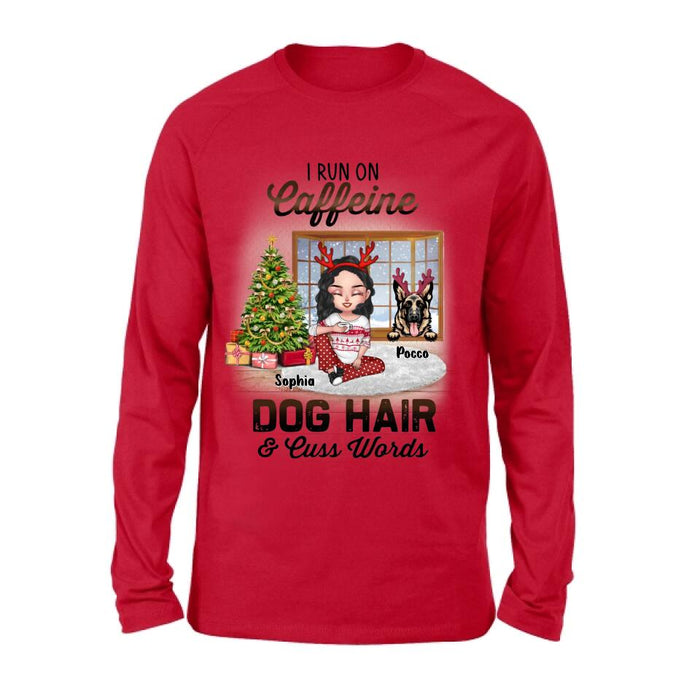 Personalized Pet Mom Shirt - Up to 3 Dogs/Cats - Christmas Gift Idea For Dog/Cat Lovers - I Run On Caffeine Dog Hair & Cuss Words