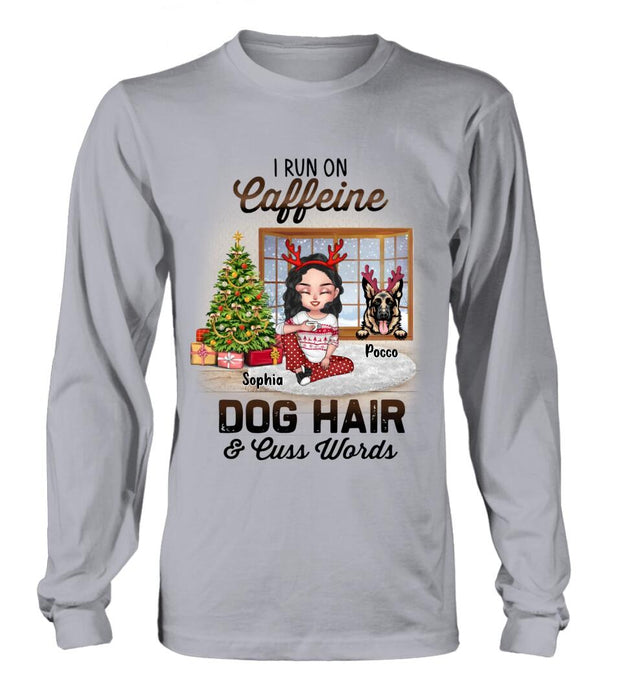 Personalized Pet Mom Shirt - Up to 3 Dogs/Cats - Christmas Gift Idea For Dog/Cat Lovers - I Run On Caffeine Dog Hair & Cuss Words