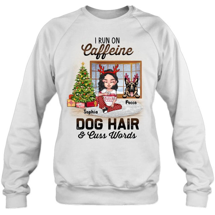Personalized Pet Mom Shirt - Up to 3 Dogs/Cats - Christmas Gift Idea For Dog/Cat Lovers - I Run On Caffeine Dog Hair & Cuss Words