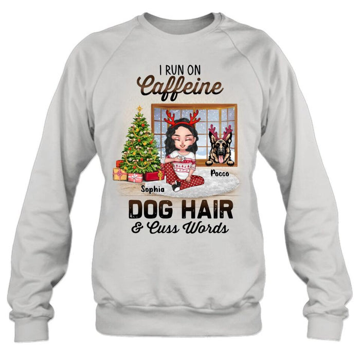Personalized Pet Mom Shirt - Up to 3 Dogs/Cats - Christmas Gift Idea For Dog/Cat Lovers - I Run On Caffeine Dog Hair & Cuss Words