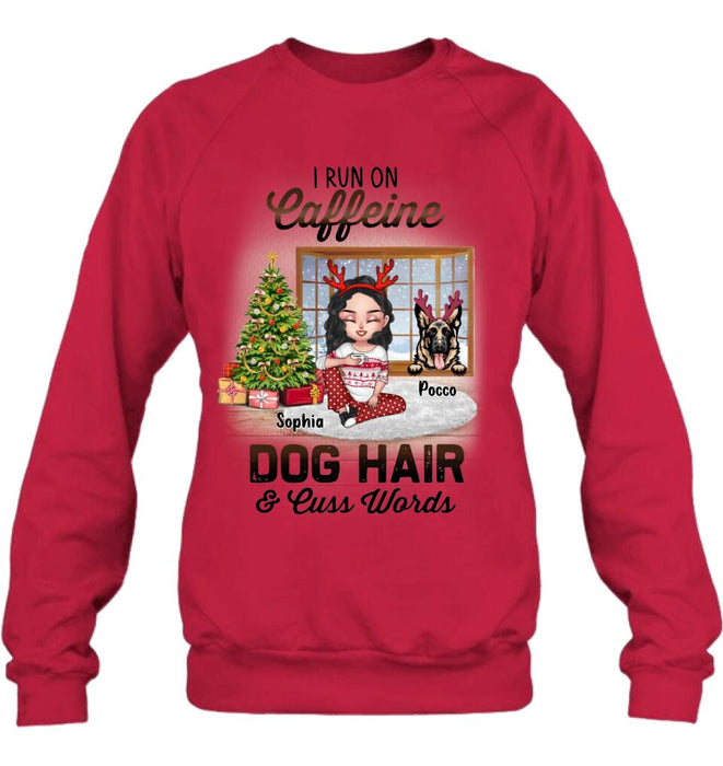 Personalized Pet Mom Shirt - Up to 3 Dogs/Cats - Christmas Gift Idea For Dog/Cat Lovers - I Run On Caffeine Dog Hair & Cuss Words