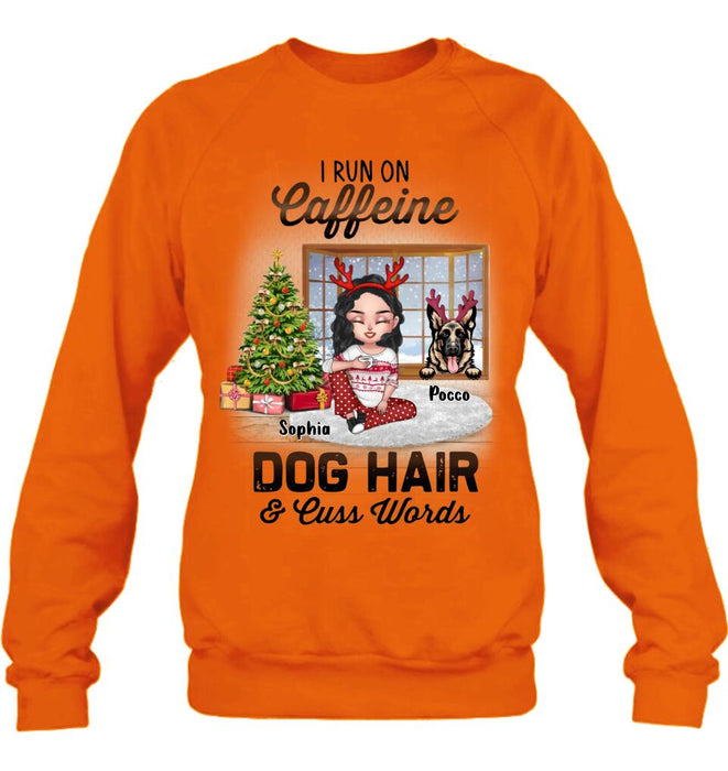 Personalized Pet Mom Shirt - Up to 3 Dogs/Cats - Christmas Gift Idea For Dog/Cat Lovers - I Run On Caffeine Dog Hair & Cuss Words