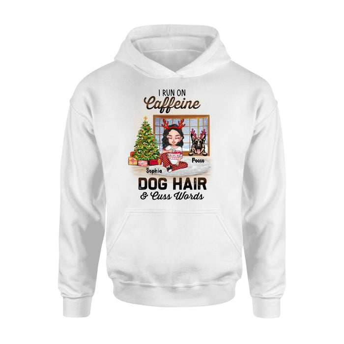 Personalized Pet Mom Shirt - Up to 3 Dogs/Cats - Christmas Gift Idea For Dog/Cat Lovers - I Run On Caffeine Dog Hair & Cuss Words
