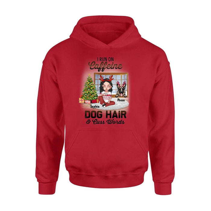 Personalized Pet Mom Shirt - Up to 3 Dogs/Cats - Christmas Gift Idea For Dog/Cat Lovers - I Run On Caffeine Dog Hair & Cuss Words