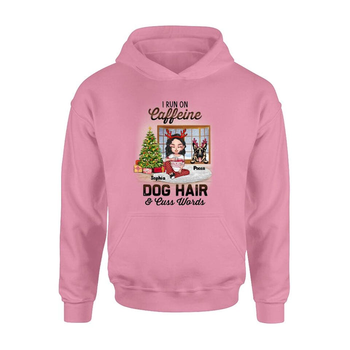 Personalized Pet Mom Shirt - Up to 3 Dogs/Cats - Christmas Gift Idea For Dog/Cat Lovers - I Run On Caffeine Dog Hair & Cuss Words