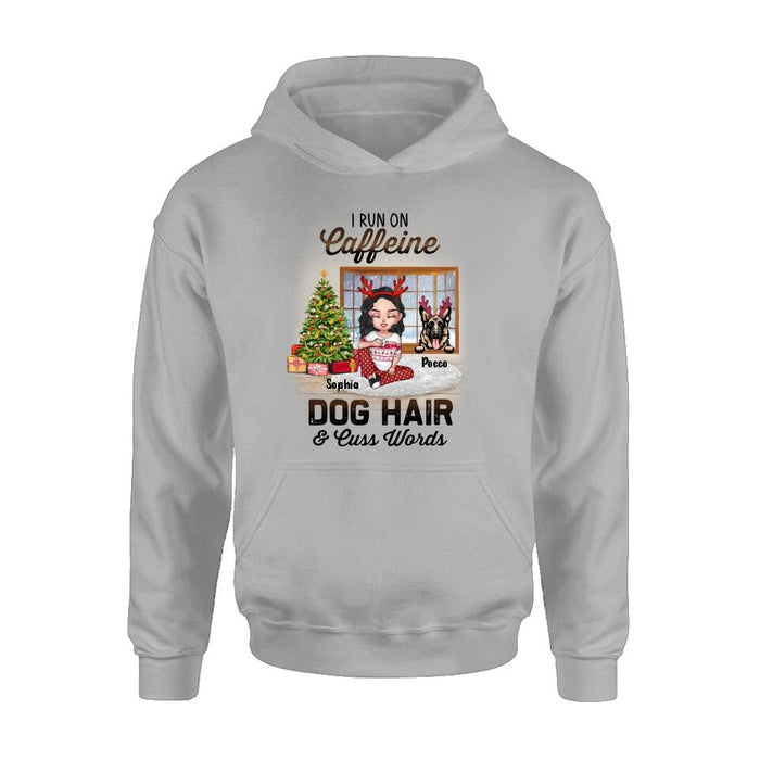 Personalized Pet Mom Shirt - Up to 3 Dogs/Cats - Christmas Gift Idea For Dog/Cat Lovers - I Run On Caffeine Dog Hair & Cuss Words