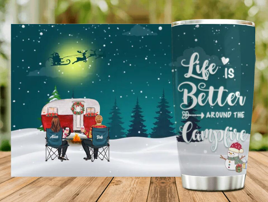 Personalized Xmas Camping Tumbler - Adult/Couple/Single Parent/Parents with Up to 2 Kids And 3 Pets - Christmas Gift Idea For Camping/ Dog/ Cat Lovers - Life Is Better Around The Campfire