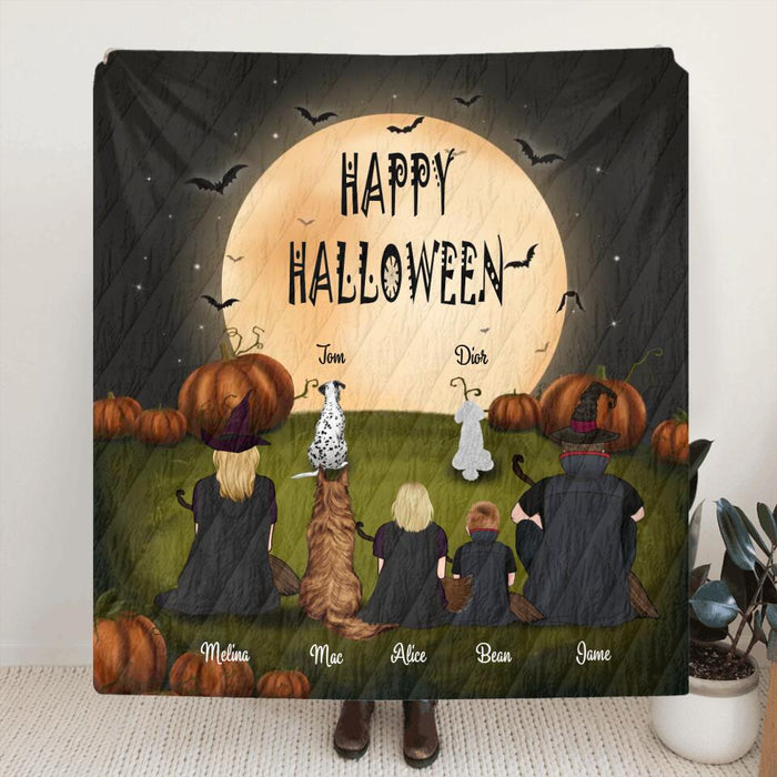 Personalized Halloween Family Quilt/Fleece Blanket - Gift for Family, Halloween - Up to 2 Kids and 3 Pets