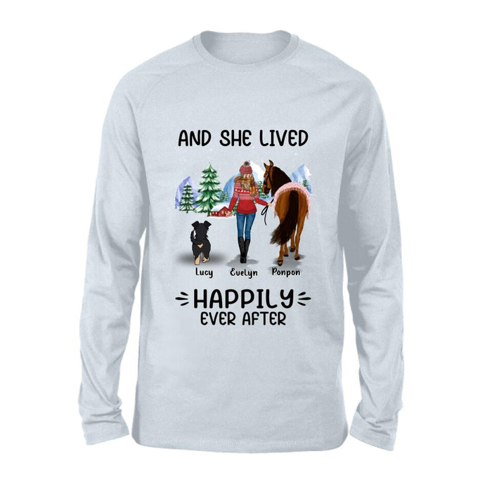 Personalized Horses & Dogs Shirt/Hoodie - Gift Idea For Horse/Dog Lovers - Up to 4 Dogs - And She Lived Happily Ever After