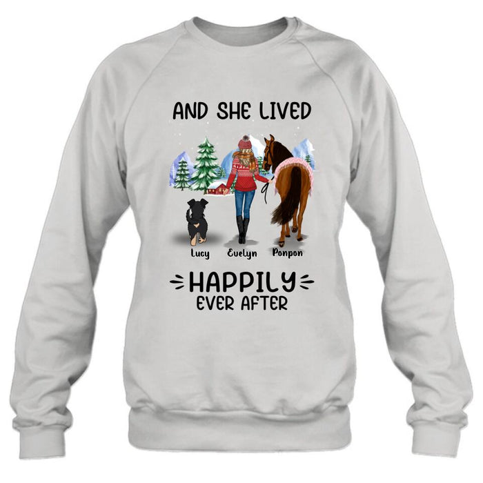 Personalized Horses & Dogs Shirt/Hoodie - Gift Idea For Horse/Dog Lovers - Up to 4 Dogs - And She Lived Happily Ever After