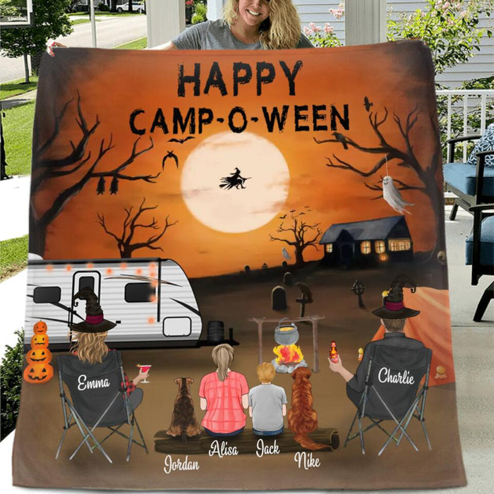 Personalized Halloween Camping Blanket - Halloween Gift for Family, Camping Lovers - Up to 2 Kids and 2 Pets