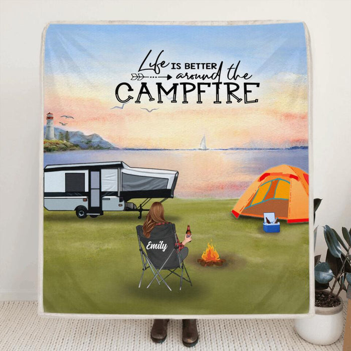 Personalized Camping Fleece Blanket/Quilt/Pillow Cover - Best Gift For Camping Family/Couple/Single Parent/Solo - Full Option - Up to 4 Kids and 3 Pets - Life Is Better Around The Campfire