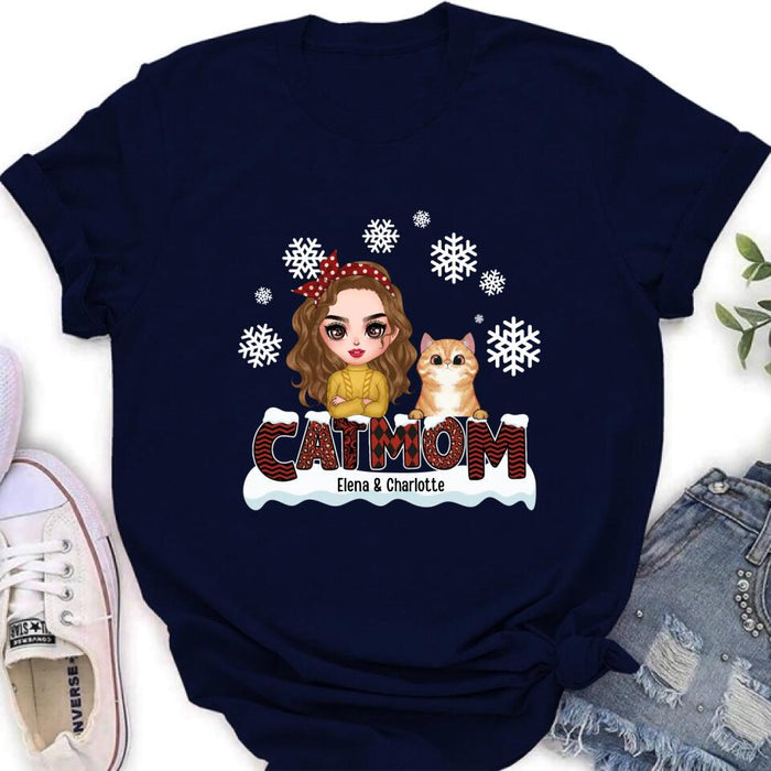Personalized Cat Mom Winter T-shirt/Long Sleeve/Sweatshirt/Hoodie - Gift Idea For Cat Lover With Up to 4 Cats - Christmas/Winter Gift