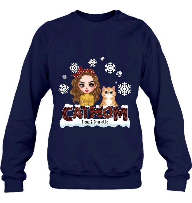 Personalized Cat Mom Winter T-shirt/Long Sleeve/Sweatshirt/Hoodie - Gift Idea For Cat Lover With Up to 4 Cats - Christmas/Winter Gift