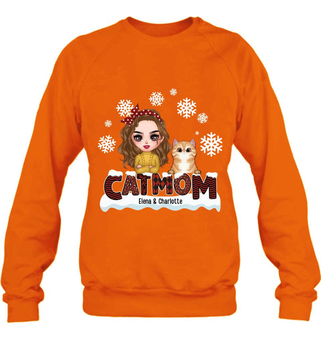 Personalized Cat Mom Winter T-shirt/Long Sleeve/Sweatshirt/Hoodie - Gift Idea For Cat Lover With Up to 4 Cats - Christmas/Winter Gift