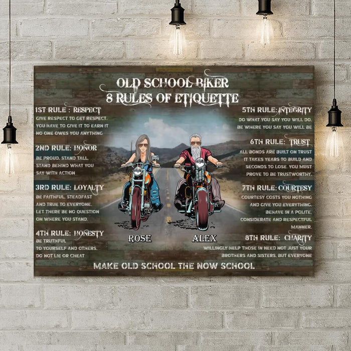 Personalized Rules Of Old School Biker Canvas - Gift Idea For Biker Lovers/Friends - Up to 10 People - Old School Biker 8 Rules Of Etiquette