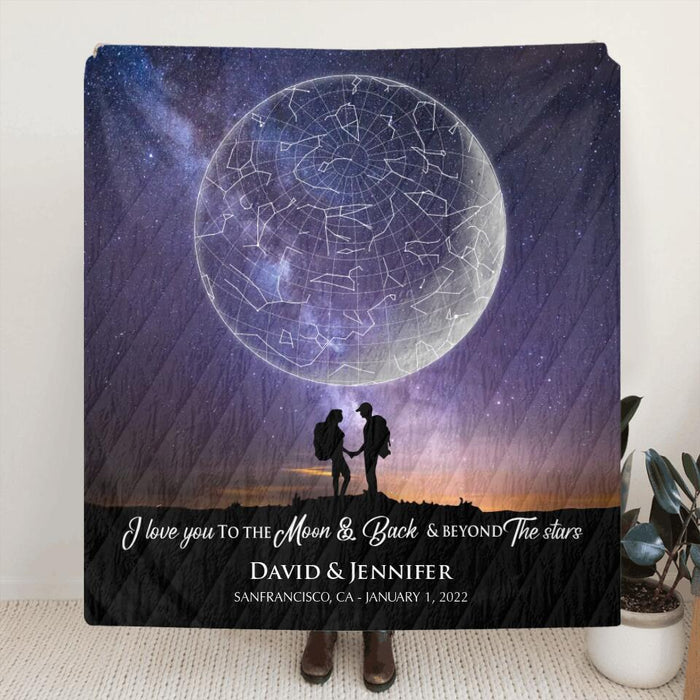 Personalized Hiking Couple Quilt/Fleece Blanket - Gift Idea For Couple - I Love You To The Moon & Back