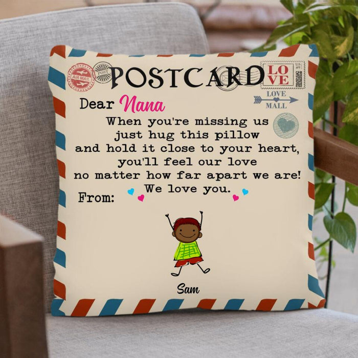 Personalized Postcard Pillow Cover/Cushion Cover - Up to 4 Kids - Best Gift From Grandkids To Grandma - Dear Nana When You're Missing Us