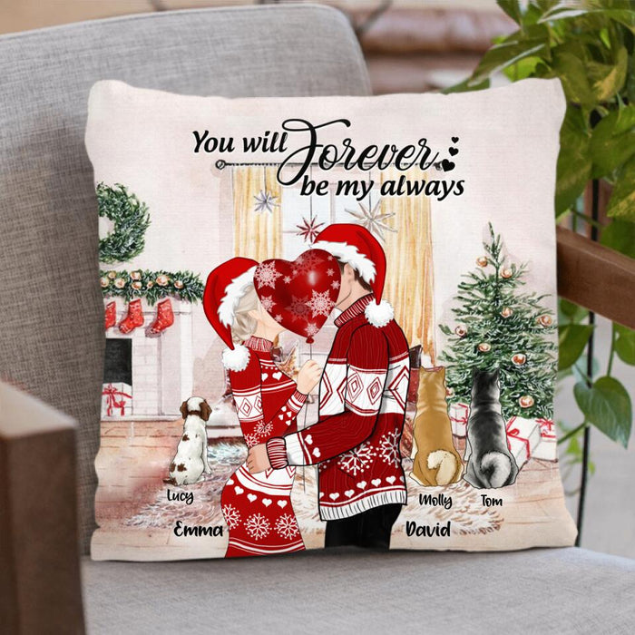 Personalized Kissing Couple Xmas Pillow - Couple With Up to 3 Pets - Best Gift For Christmas - You Will Forever Be My Always - EWFNOK