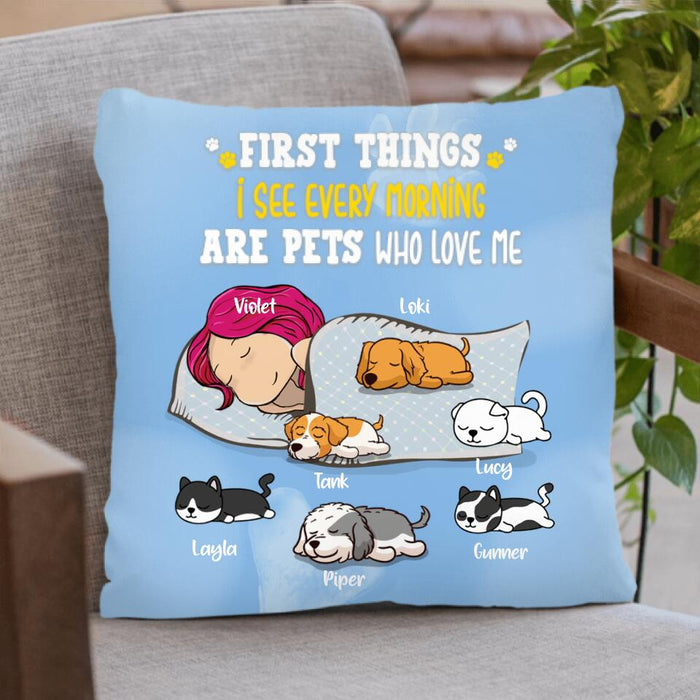 Personalized Dog Mom Sleep Pillow Cover - Up to 6 Pets - First Things I See Every Morning Are Pets Who Love Me