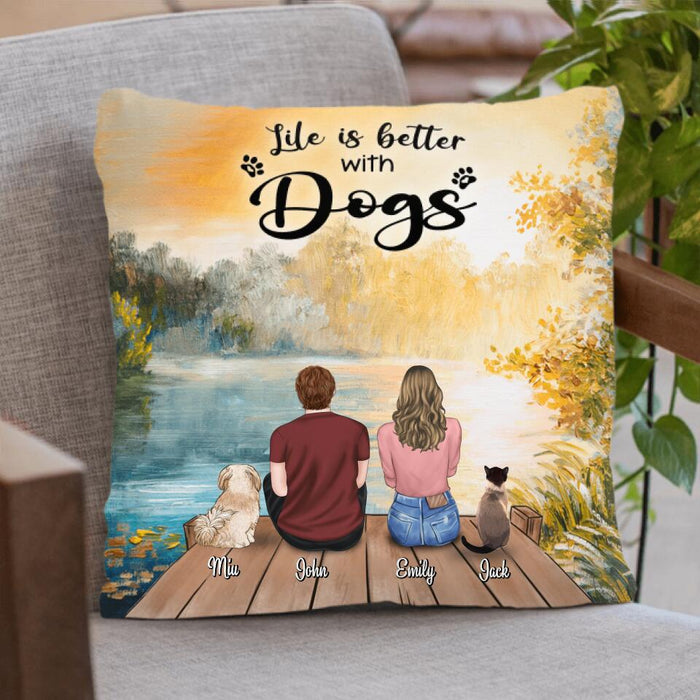 Personalized Couple With Pets Pillow Cover - Couple & 2 Pets - Gifts For Dog Lovers, Cat Lovers - Life Is Better With Dogs