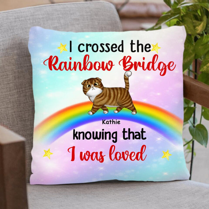 Personalized Crossed Rainbow Bridge Cat Pillow Cover - Up to 5 Cats - Best Gift For Cat Lover - We Crossed The Rainbow Bridge Knowing That We Were Loved