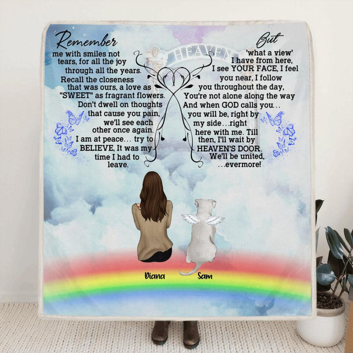 Personalized Memorial Pets Fleece/Quilt/Pillow Cover - Man/Woman With Up to 6 Pets - Memorial Gift For Dog Lovers/Cat Lovers - Remember me with smiles not tears- AXSIO5