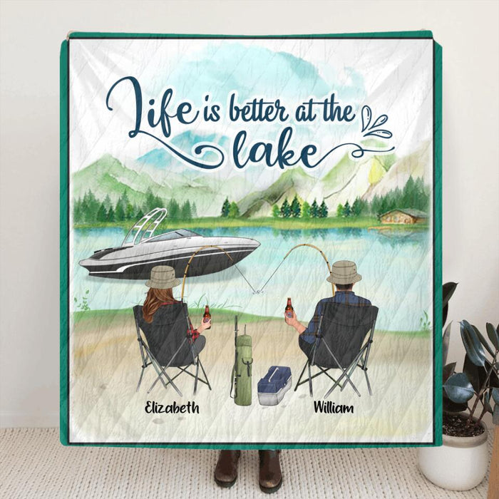 Personalized Fishing Family Quilt/Fleece Blanket/Pillow Cover - Parents With Up to 4 Kids - Gift For Whole Family - Life Is Better At The Lake
