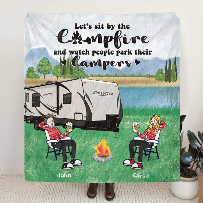 Personalized Camping With Friends Quilt/Fleece Blanket/Pillow Cover - Up to 6 People - Best Gift For Friends/Camping Lovers - Retired Every Hour Is Happy Hour