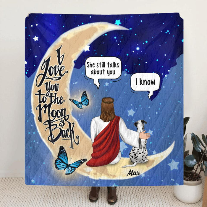 Personalized Memorial God & Dog/Cat Sitting On Moon Pillow Cover & Quilt/Fleece Blanket - Up to 5 Pets - Memorial Gift For Dog/Cat Lover
