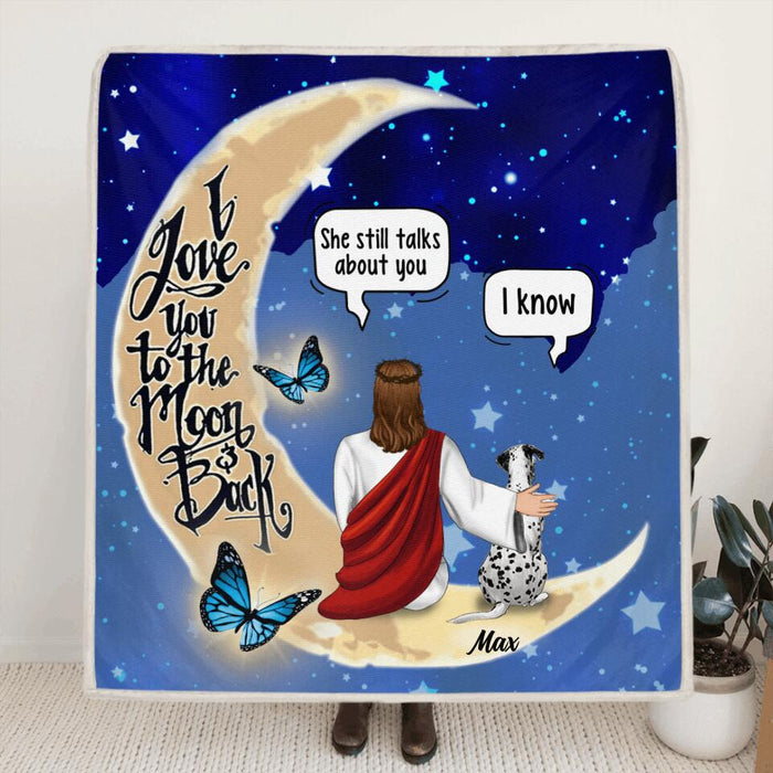 Personalized Memorial God & Dog/Cat Sitting On Moon Pillow Cover & Quilt/Fleece Blanket - Up to 5 Pets - Memorial Gift For Dog/Cat Lover