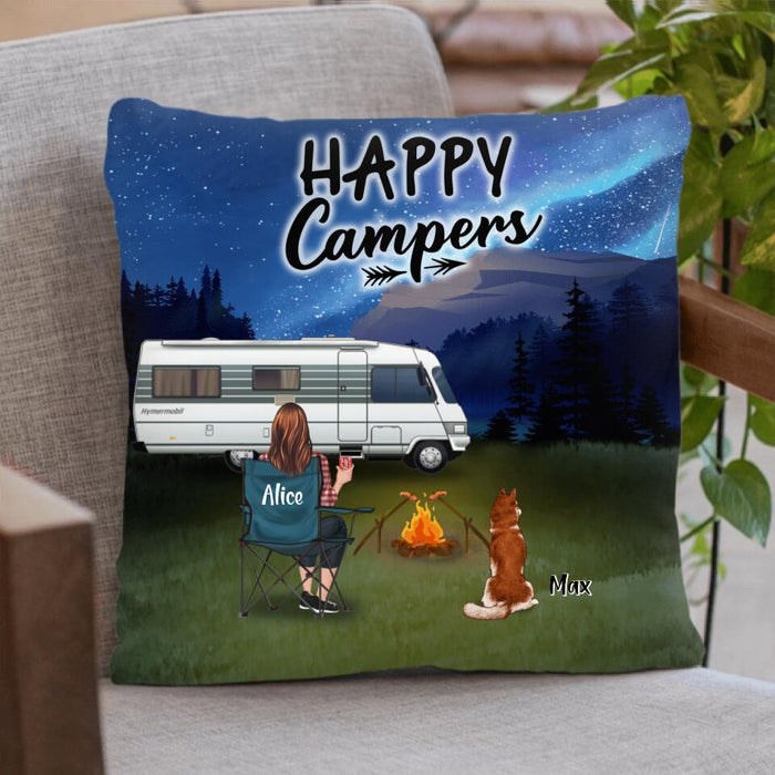 Personalized Camping Pillow Cover - Single/Couple With Up to 6 Pets - Gift Idea For Camping Lover/Valentine's Day - Happy Campers