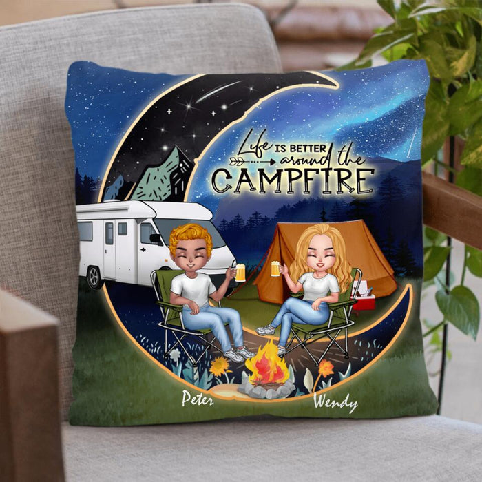 Personalized Camping Moon Night Chibi Pillow Cover - Couple With Up to 3 Dogs - Gift Idea For Camping Lover - Life Is Better Around The Campfire