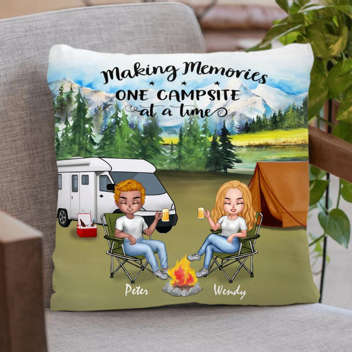 Personalized Camping Chibi Pillow Cover - Couple With Up to 3 Dogs - Gift Idea For Camping Lover - Making Memories One Campsite At A Time