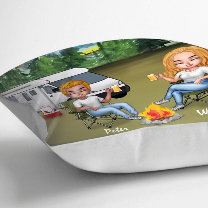 Personalized Camping Chibi Pillow Cover - Couple With Up to 3 Dogs - Gift Idea For Camping Lover - Making Memories One Campsite At A Time