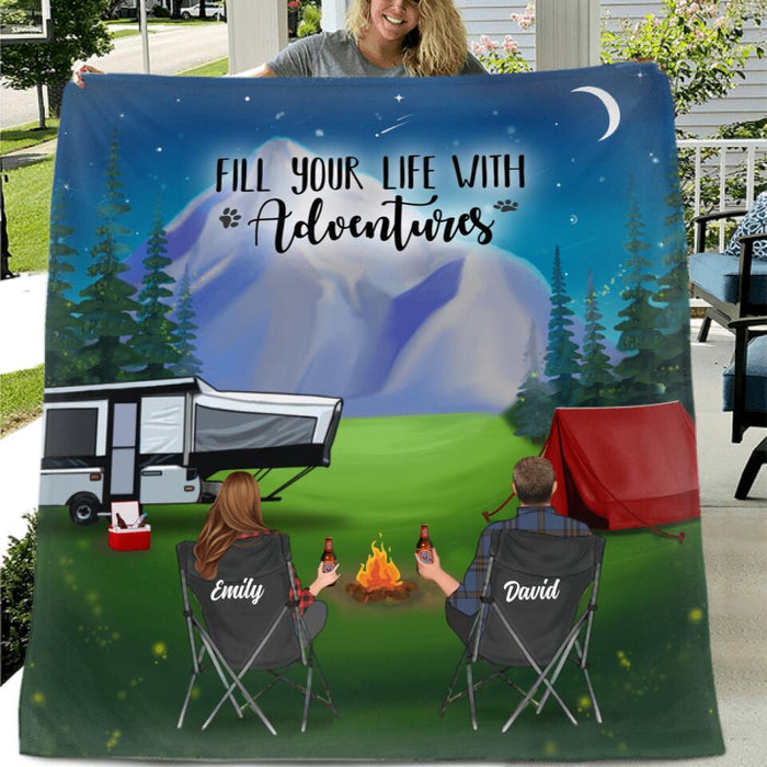 Personalized Camping Pillow Cover/Fleece Blanket/Quilt - Couple/Parents With Up to 3 Kids And 4 Pets - Gift Idea For Camping Lover - Fill Your Life With Adventures