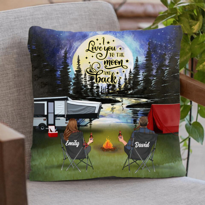 Personalized Camping Moon Pillow Cover/Fleece/Quilt Blanket - Couple/Parents With Up to 3 Kids And 4 Pets - Gift Idea For Camping Lover - I Love You To The Moon And Back