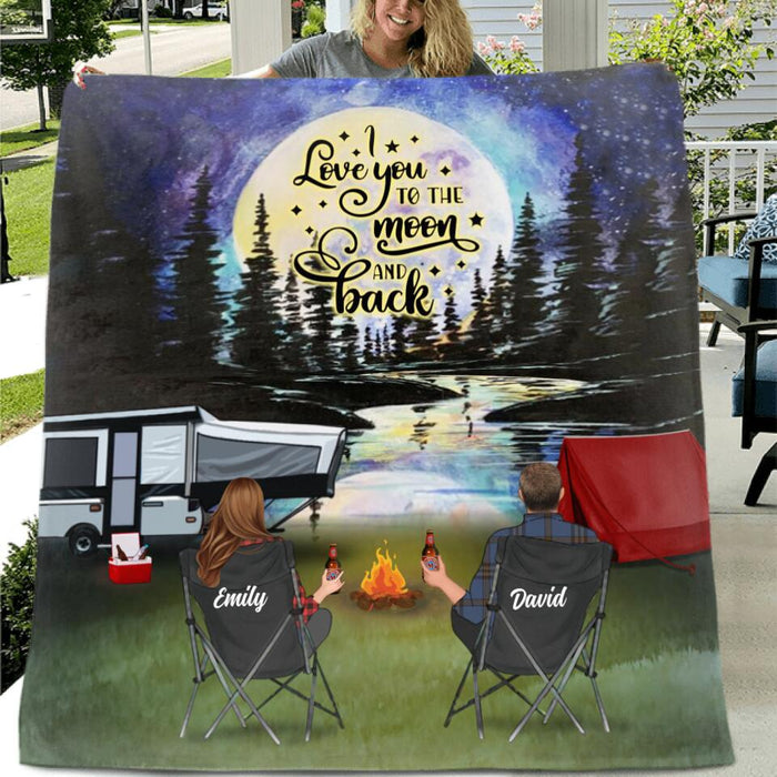 Personalized Camping Moon Pillow Cover/Fleece/Quilt Blanket - Couple/Parents With Up to 3 Kids And 4 Pets - Gift Idea For Camping Lover - I Love You To The Moon And Back