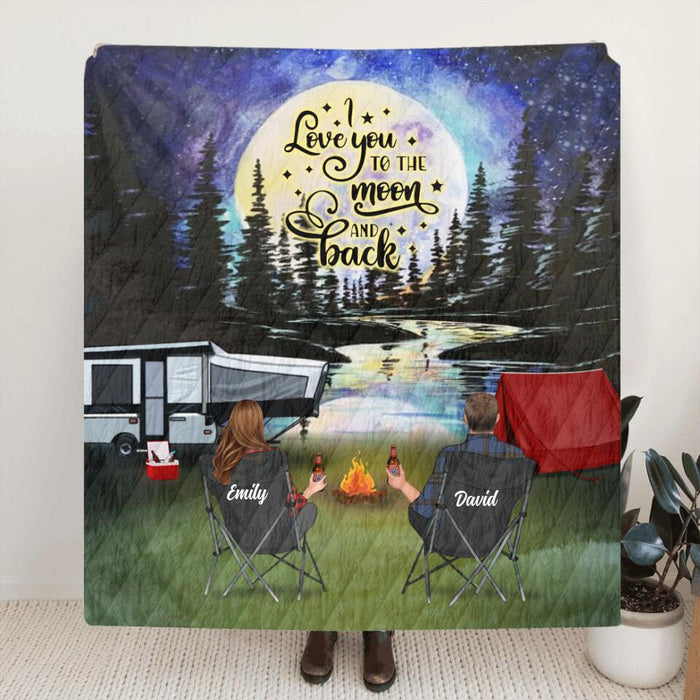 Personalized Camping Moon Pillow Cover/Fleece/Quilt Blanket - Couple/Parents With Up to 3 Kids And 4 Pets - Gift Idea For Camping Lover - I Love You To The Moon And Back
