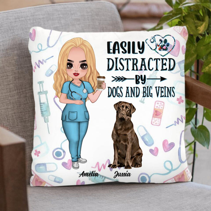 Personalized Nurse Dog Mom Pillow Cover - Up to 5 Dogs - Gift Idea For Dog Lovers - Easily Distracted By Dogs And Big Veins