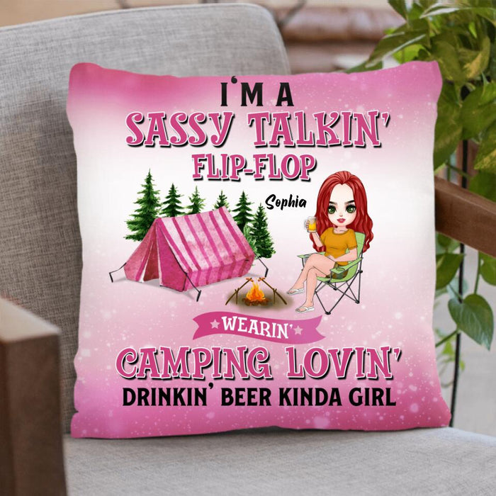 Personalized Camping Girl Pillow Cover/Fleece Blanket/Quilt - Gift Idea For Camping Lovers - I'm A Sassy Talkin' Flip - Flop Camping Lovin' Drinkin' Beer Kinda Girl