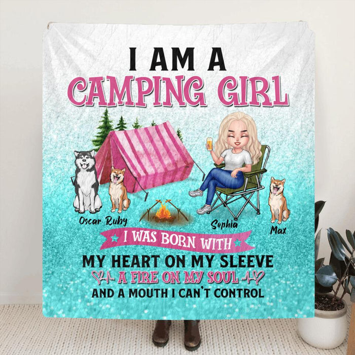Personalized Camping Blanket/Pillow Cover - Gift For Camping Lovers, Dog Mom - Camping Queen Dog Mom - Up to 3 Dogs - I am a camping girl